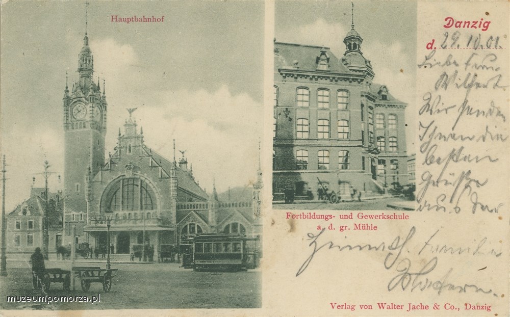 Gdańsk, Dworzec Gdańsk - Główny (Hauptbahnhof) i Państwowa Rzemieślnicza Szkoła Dokształcająca (Fortbildungs - u. Gewerkschule)  