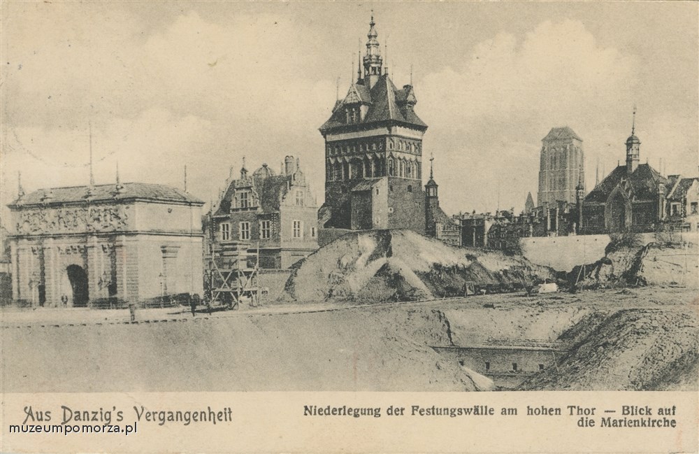 Gdańsk, Burzenie wałów obronnych przylegających do Bramy Wyżynnej, Danzig Niederlegung der Festungswälle am Hohe Thor