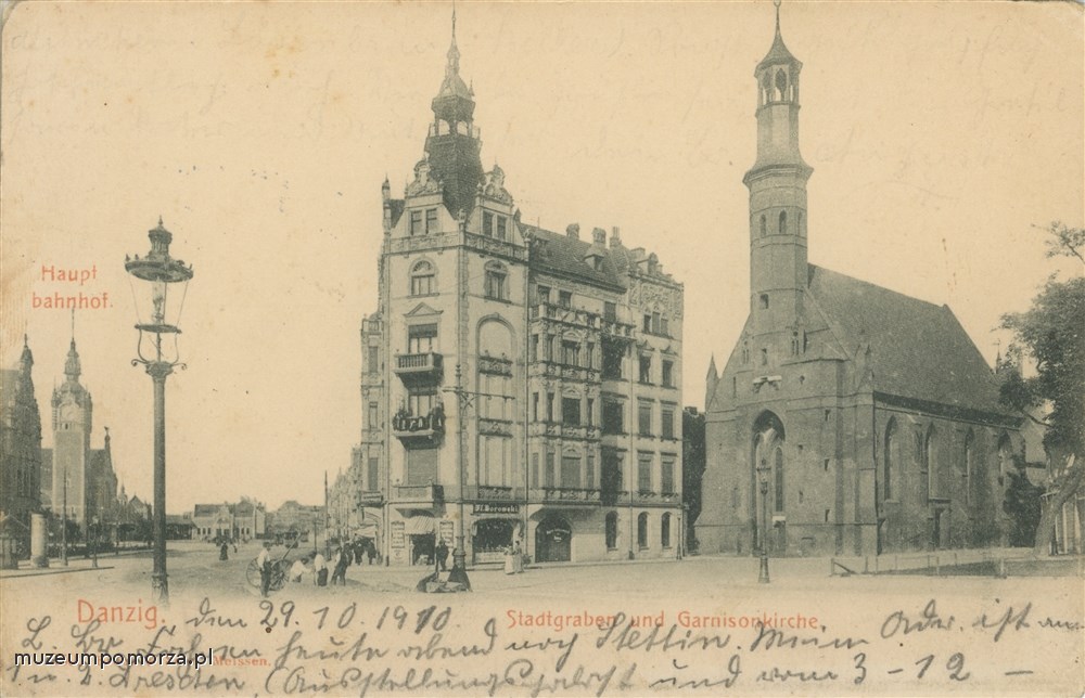 Gdańsk, Podwale Grodzkie z kościołem św. Elżbiety, Danzig Stadtgraben u. Garnizonkirche 