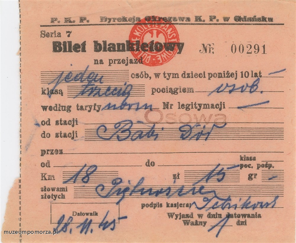 Osowa - Babi Dół, Bilet kolejowy