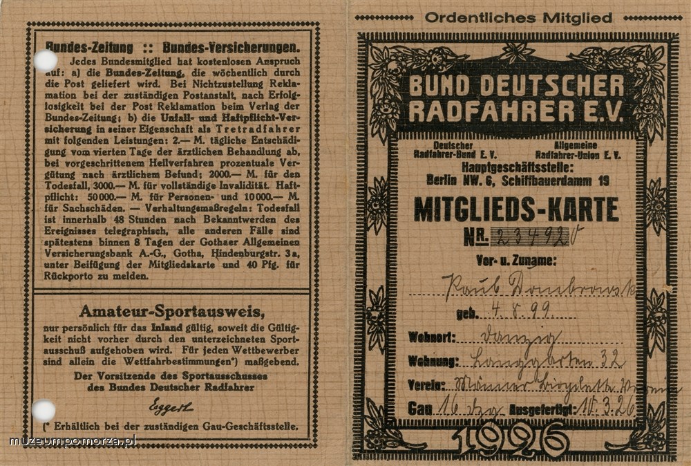 Legitymacja Stowarzyszenie Niemieckich Cyklistów (BDR)