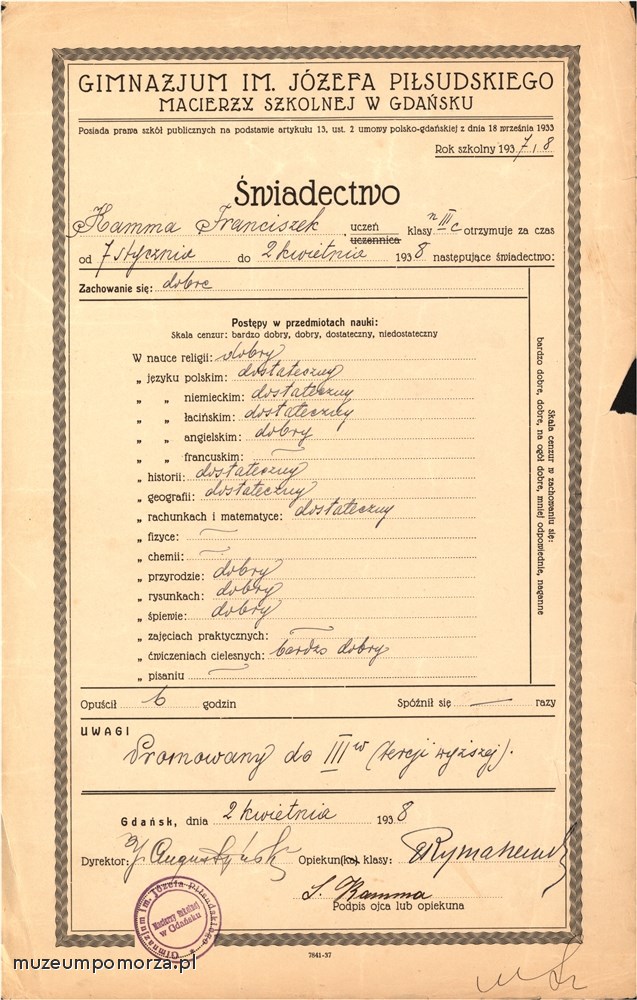 Świadectwo Gimnazjum im. Józefa Piłsudskiego