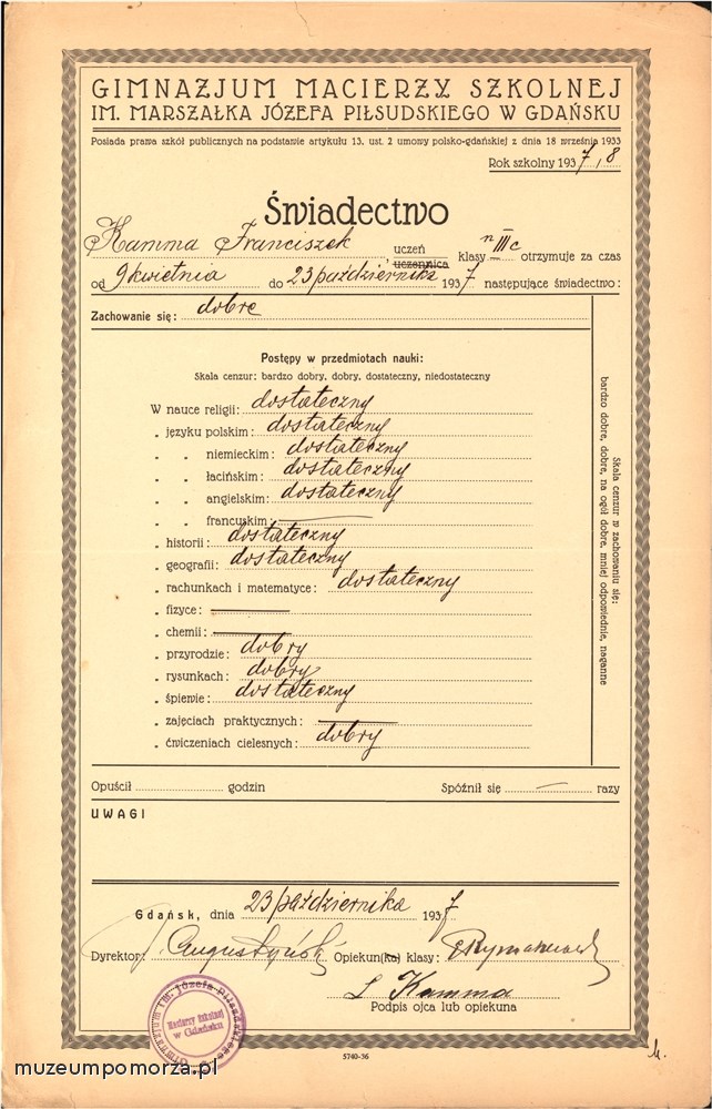  Świadectwo Gimnazjum im. Józefa Piłsudskiego